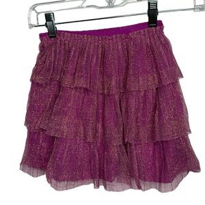 Hanna Anderson Girl’s Fuchsia Gold Tulle Pleated Stretch Skirt. Size 120 (6/7).